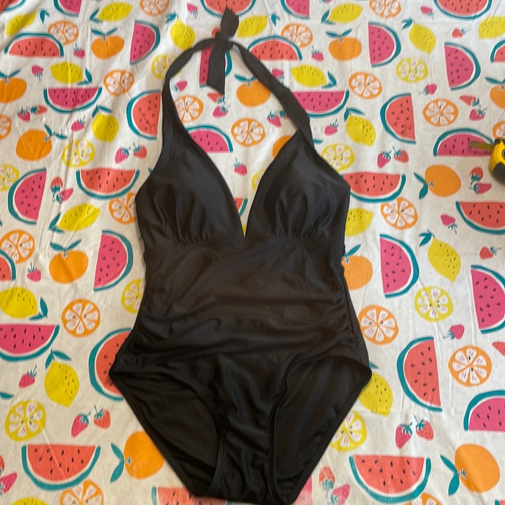 DKNY Black Plunge Neck Swimsuit